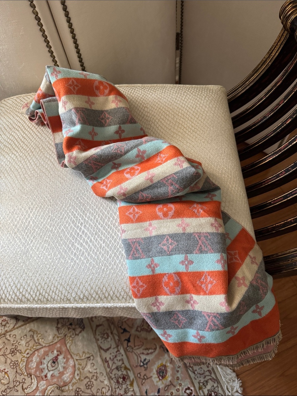 Luxury Striped Logo Shawl - Orange, Light Blue, Gray, Cream